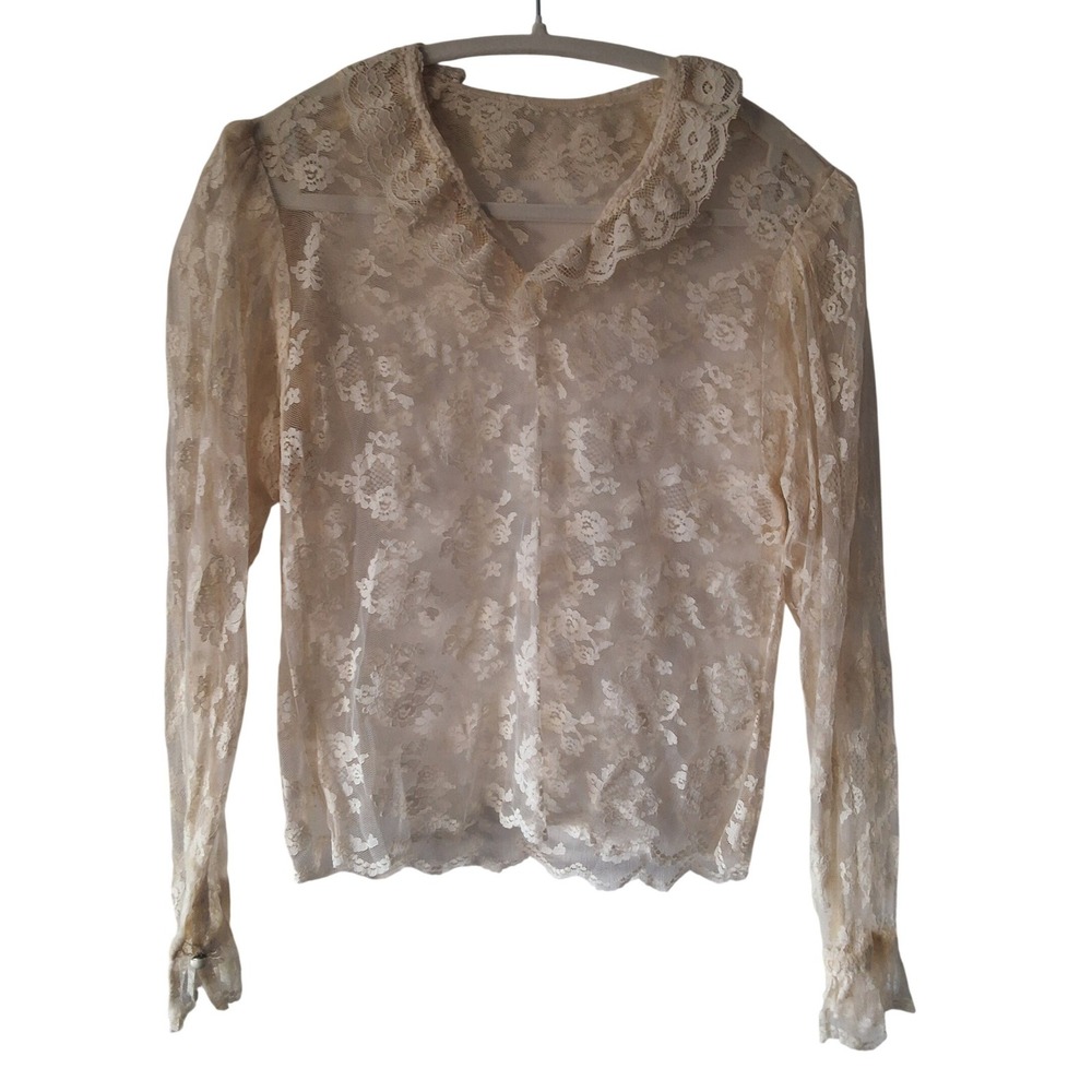 Vintage Cream Floral Lace Blouse Sheer Ruffle Collar Long Sleeve Victorian Top